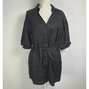 DISSH Linen Mini Shirt Dress Size 6 Puff Sleeve Belt Waist Black Lined Button Up